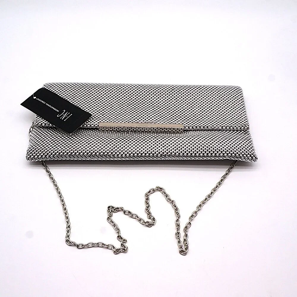 INC International Concepts HETHER‎ Silver Shiny Mesh Clutch NEW